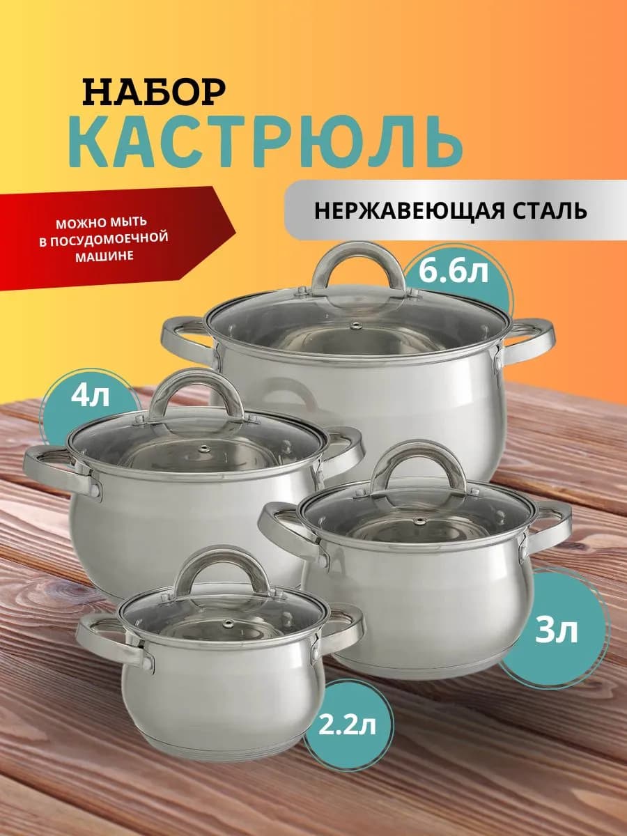Набор кастрюль с крышками 2,2 л, 3 л, 4 л, 6,6 л