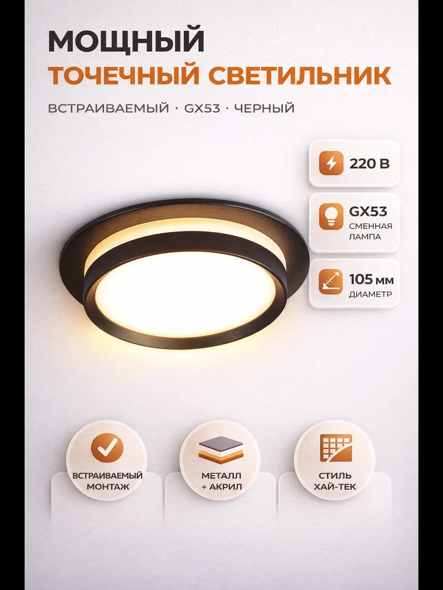 Светильник точечный встраиваемый GX53 черный 105 потолочный
