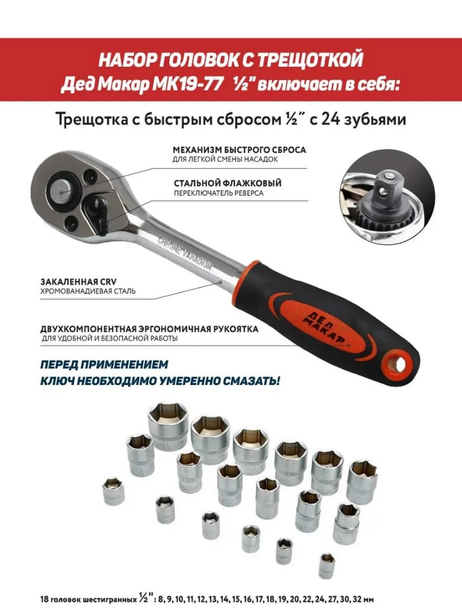 Набор головок шестигранных с трещоткой 1/2" 19 предметов фото 3