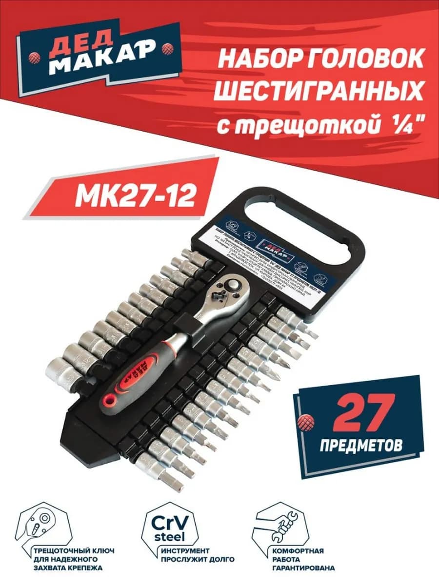Набор головок шестигранных с трещоткой 1/4" 27 предметов фото 3