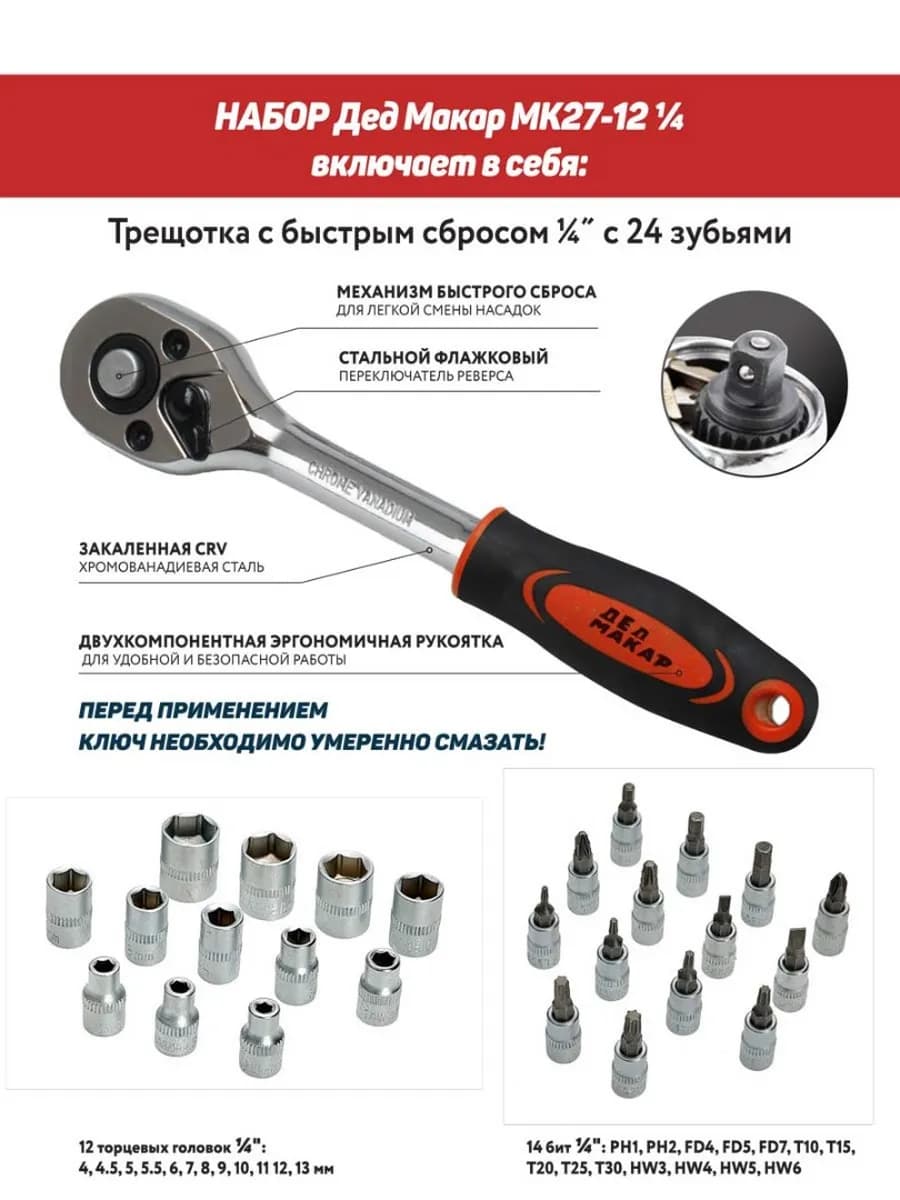 Набор головок шестигранных с трещоткой 1/4" 27 предметов фото 4