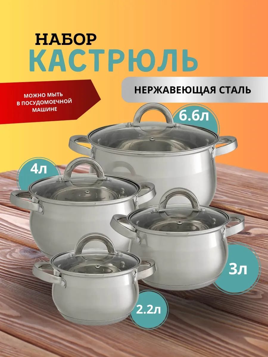 Набор кастрюль с крышками 2,2 л, 3 л, 4 л, 6,6 л
