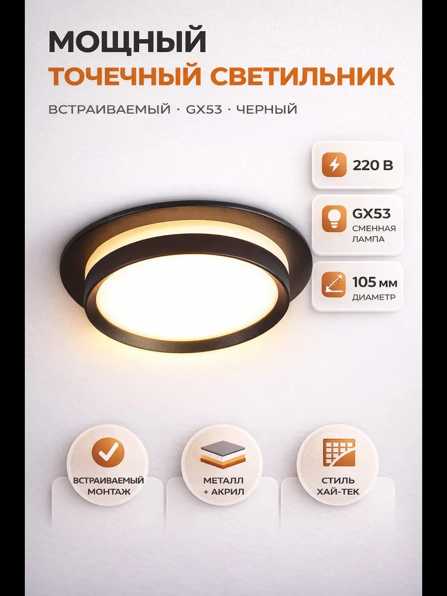 Светильник точечный встраиваемый GX53 черный 105 потолочный